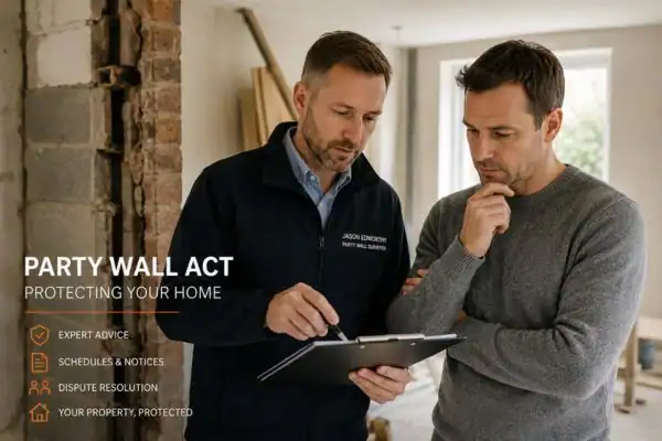 Party wall surveyor Maidenhead discussing extension plans with homeowner outside a UK semi-detached house.
